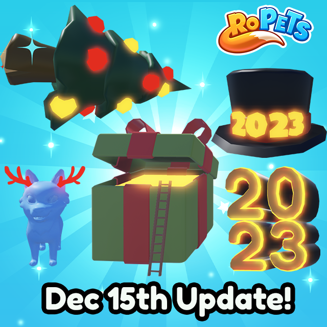 RoPetsGame's tweet photo. New Petmas &amp; New Years items available this Thursday!

Limited Flying Tree (seats 3 people &amp; Pets) - Gems
Limited Pet Antlers ( 5 colors) - Gems
Limited 2023 Flying Top Hat - Event Currency
Limited 2023 Decor Sign -  Coins
Gift Box Home - Event Currency

#Roblox #RoPets #Petmas https://t.co/MtMm9piNop