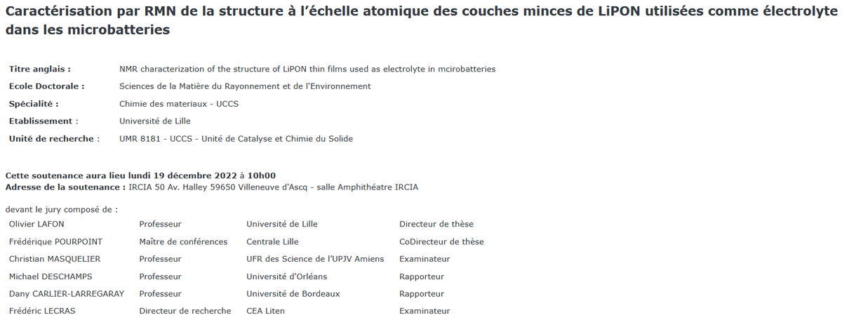 ED_SMRE's tweet photo. 🎓Racha BAYZOU
📆19 déc. 2022 🕰10h00
🗺IRCICA 50 Av. Halley - Villeneuve d'Ascq - Amphithéâtre
🪧Caractérisation par #RMN de structure à échelle atomique des couches minces de #LiPON utilisées comme électrolyte dans #microbatteries https://t.co/mN2LtBXkro