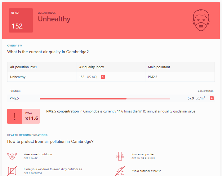 AirCambs's tweet photo. Unhealthy Air; probably the worst pollution yet in Cambridge UK with PM2.5 nearly 60ugm3 @NikJohnsonCA https://t.co/PXrhByOvBk