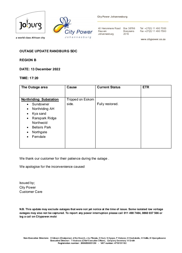CityPowerJhb's tweet image. #UPDATE 
#NorthridingSub

Power is fully restored ^HN