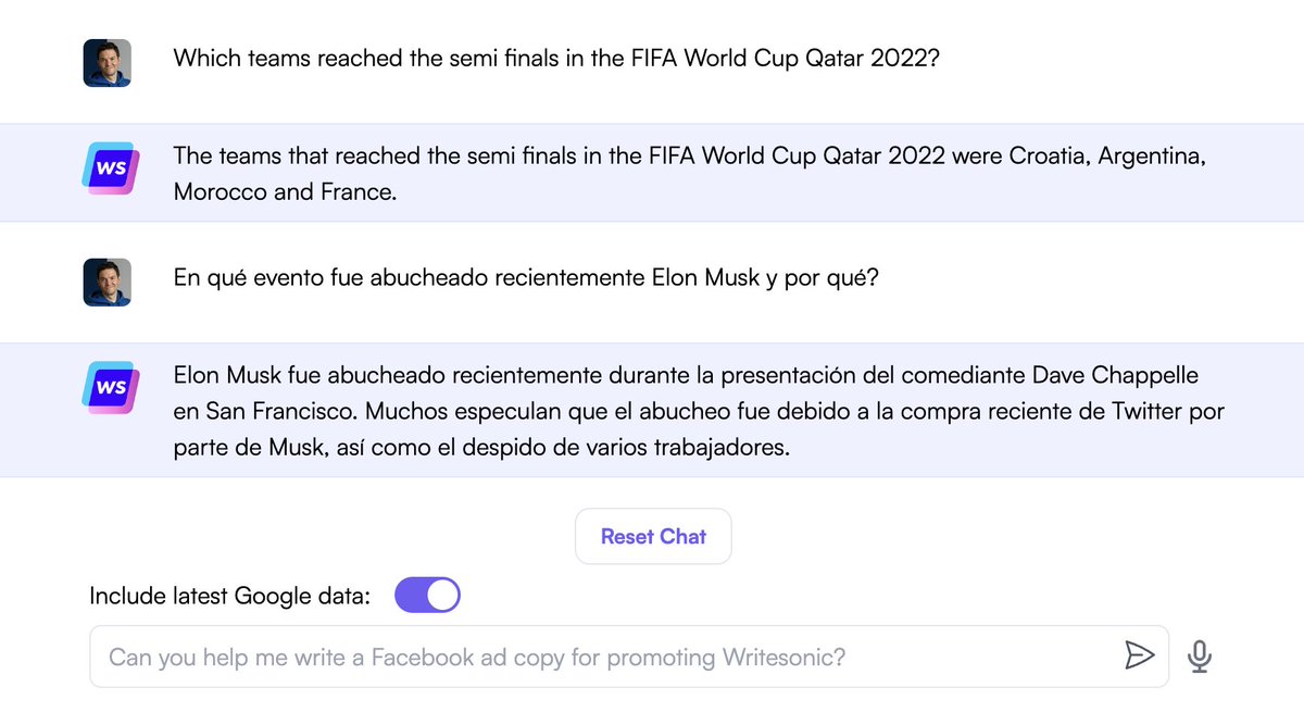Writesonic presenta Chatsonic, una herramienta de redacción por IA entrenada para responder preguntas. Como ChatGPT, pero capaz de buscar en Google para generar sus respuestas (por lo que puede hablar sobre eventos recientes).

Puedes usarlo para generar 2500 palabras gratis.