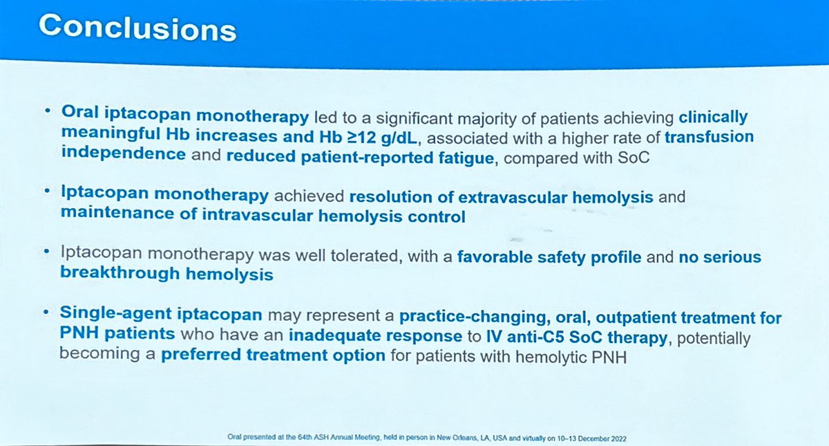 Régis Peffault de Latour presents the very successful iptacopan (proximal complement inhibitor) in #PNH #LBA at #ASH22 Primary endpoints met with excellent control of intravascular and extravascular haemolytic. Congratulations my friend.