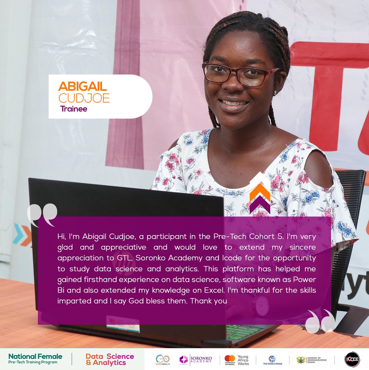 icodeteam's tweet photo. Here is feedback from Abigail Cudjoe, a Data Science PreTech Trainee.
#Icodegh
#icodeimpact
#PreTechladies
#datascience
#Employability
#feedback https://t.co/evlQp8NSCv