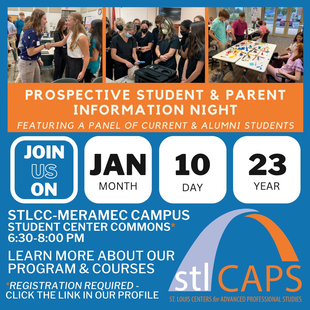 New year, new opportunities!📢 

Prospective students &amp; parents will hear from a panel of current student associates, instructors, &amp; alumni about our program, our courses, &amp; benefits of profession-based learning. 

Event registration required: linktr.ee/stlcaps #capsnet