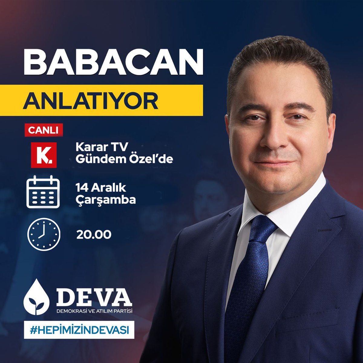 alibabacan's tweet photo. 14 Aralık Çarşamba (yarın), saat 20.00’de Karar TV’de Elif Çakır ve Taha Akyol ile “Gündem Özel” programında gündemi değerlendireceğim.

@KararHaber @elifcakirr @takyol96 https://t.co/BtADzgSktM