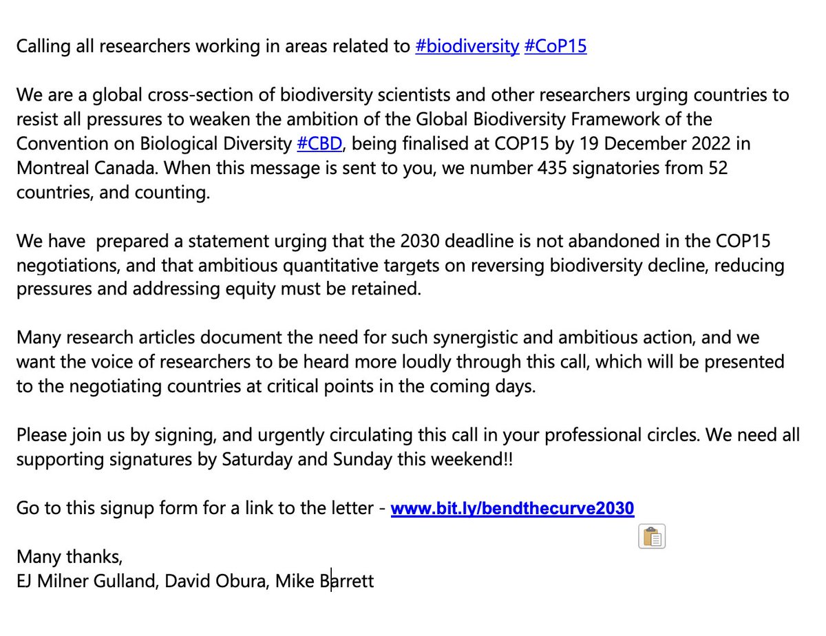 EJMilnerGulland's tweet photo. Researchers please sign up to this united vision for #nature and #equity! Let's ensure that negotiators at #CoP15 hear our voice loud and clear! @dobura @MBarrettwwfuk https://t.co/NzBSlYwDM3 https://t.co/gn8ptzfHvV