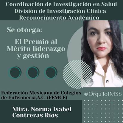 Saber_IMSS's tweet photo. La Federación Mexicana de Colegios de #Enfermería, A.C. (FEMCE), otorga el Premio al Mérito en #Liderazgo y #Gestión a la Mtra. Norma Isabel Contreras Ríos, adscrita a la UMF/UMAA N°89 Saltillo, Coahuila #IMSS. 
 
#SoyEnfemeraIMSS 
#GruposdeInvestigación 
#InvestigaciónEnfermería https://t.co/dfY0WGWm3C