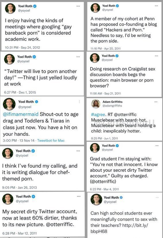 DegenWoke's tweet photo. Meet Joel Roth, Twitter's former "Head of Trust & Safety" @yoyoel
Joel deplatformed Trump and has an unhealthy interest in children and porn.
Here are a just a few of his tweets, leave him some comments...
#PervertedLeft https://t.co/LL8nkLhhJ7