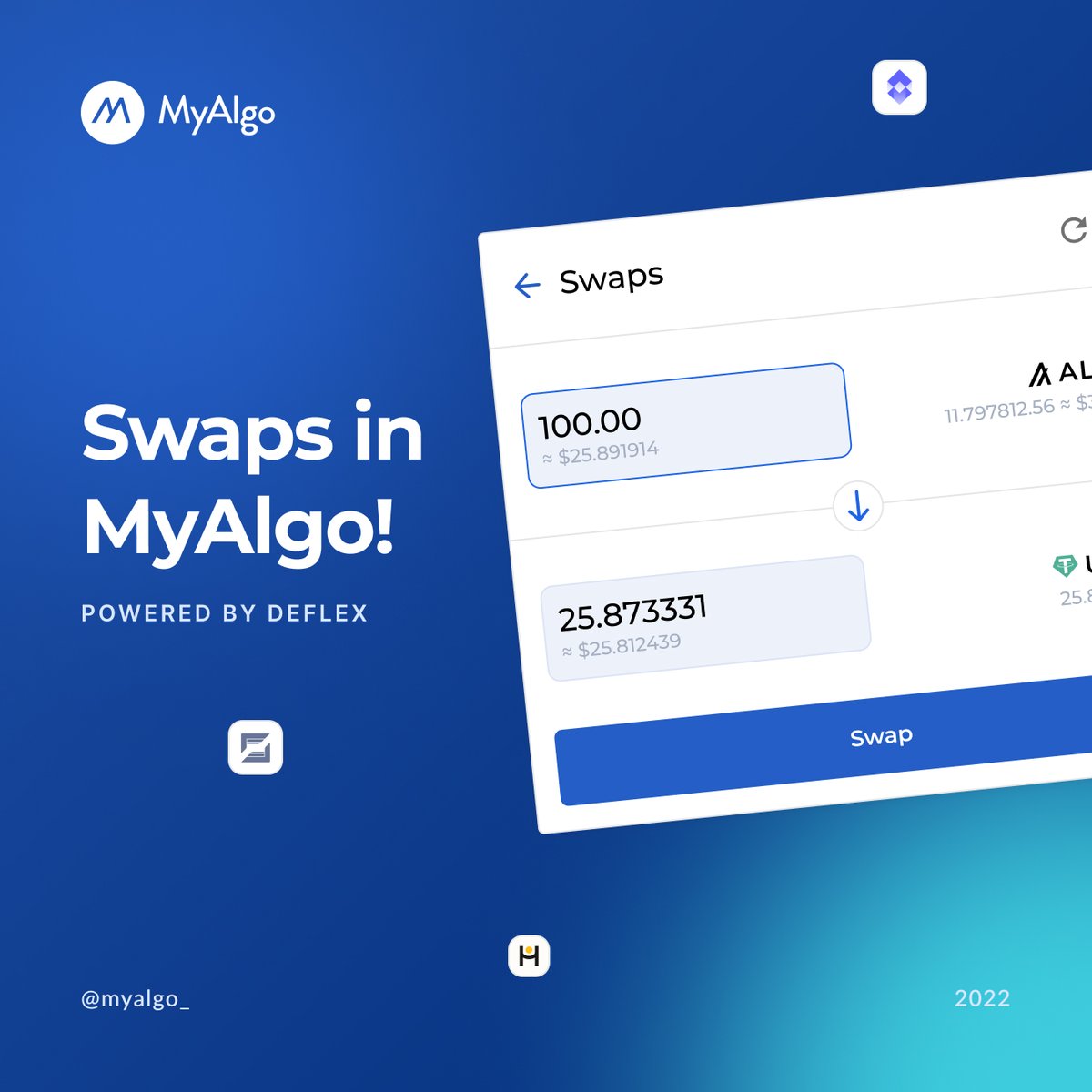 MyAlgo (@myalgo_) on Twitter photo Swaps are here #Algofam! Swap between #algorand tokens directly in MyAlgo leveraging Deflex technology. Not relying on one single exchange grants you more profitable yields when swapping.
<a href="/Algorand/">Algorand Technologies</a> #swaps #cryptonews #algorand #$ALGO
wallet.myalgo.com Swaps are here #Algofam! Swap between #algorand tokens directly in MyAlgo leveraging Deflex technology. Not relying on one single exchange grants you more profitable yields when swapping.
<a href="/Algorand/">Algorand Technologies</a> #swaps #cryptonews #algorand #$ALGO
wallet.myalgo.com