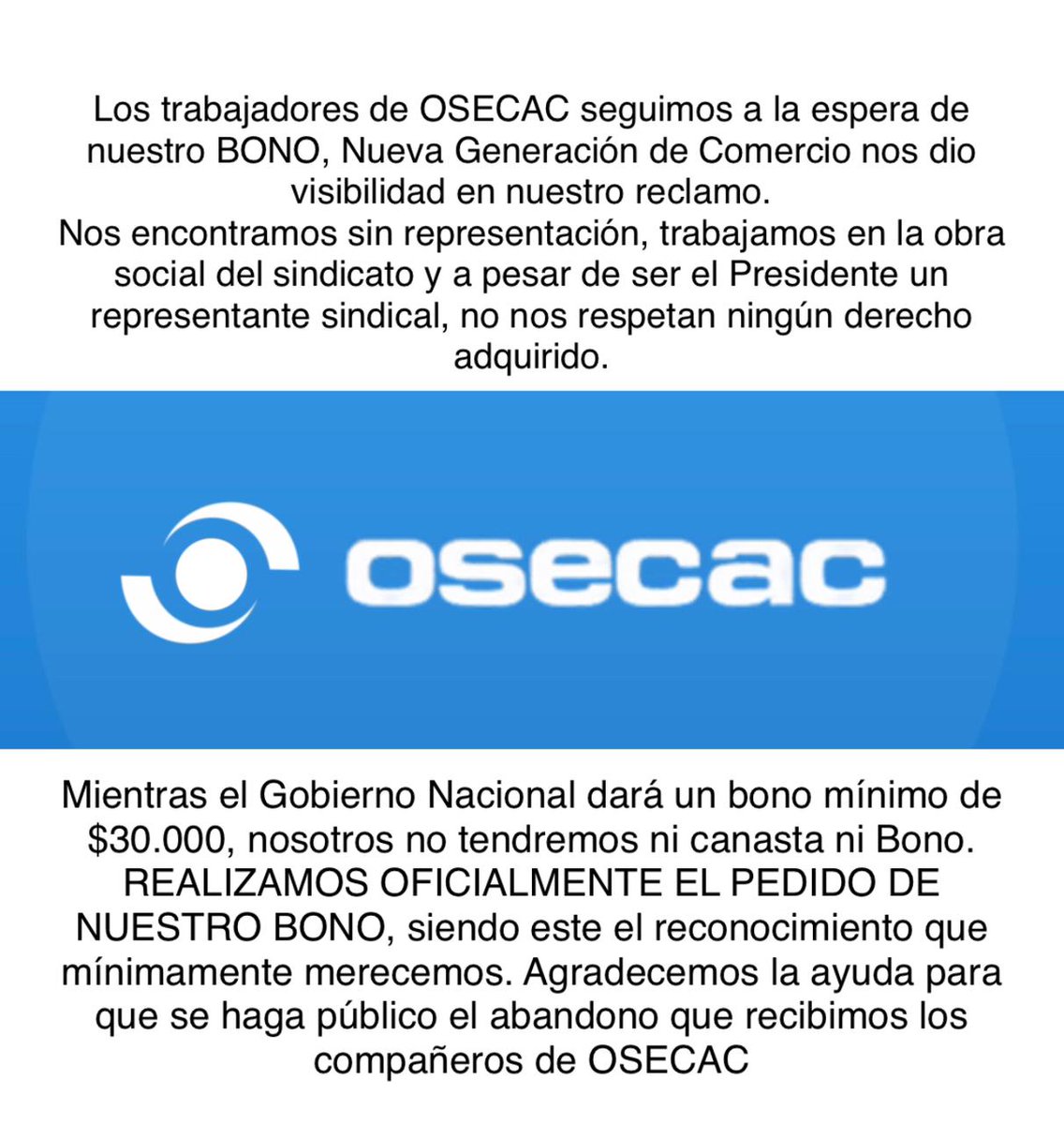 💥Luego de la elección del 15 de septiembre lxs trabajadorxs de la obra social #OSECAC se encuentran en estado de abandono
Reclaman por la ampliación del bono de $30000 para súper mercadistas firmado por la conducción del SEC
"No tendremos ni canasta ni bono"

Vía <a href="/NewGenComercio/">NUEVA GENERACIÓN DE COMERCIO</a>