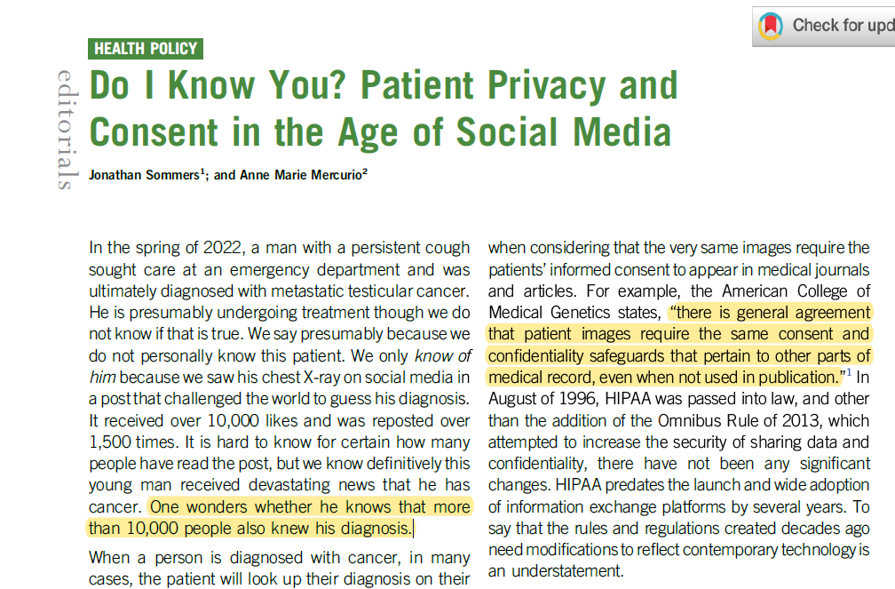 'unintentional doxing through reidentification is not as difficult as one might think... we question if image posting w/o their consent undermines a patient's right to AUTONOMY or erodes the essential TRUST of this relationship' #WithConsent #SocialMedia🙏 ascopubs.org/doi/full/10.12…