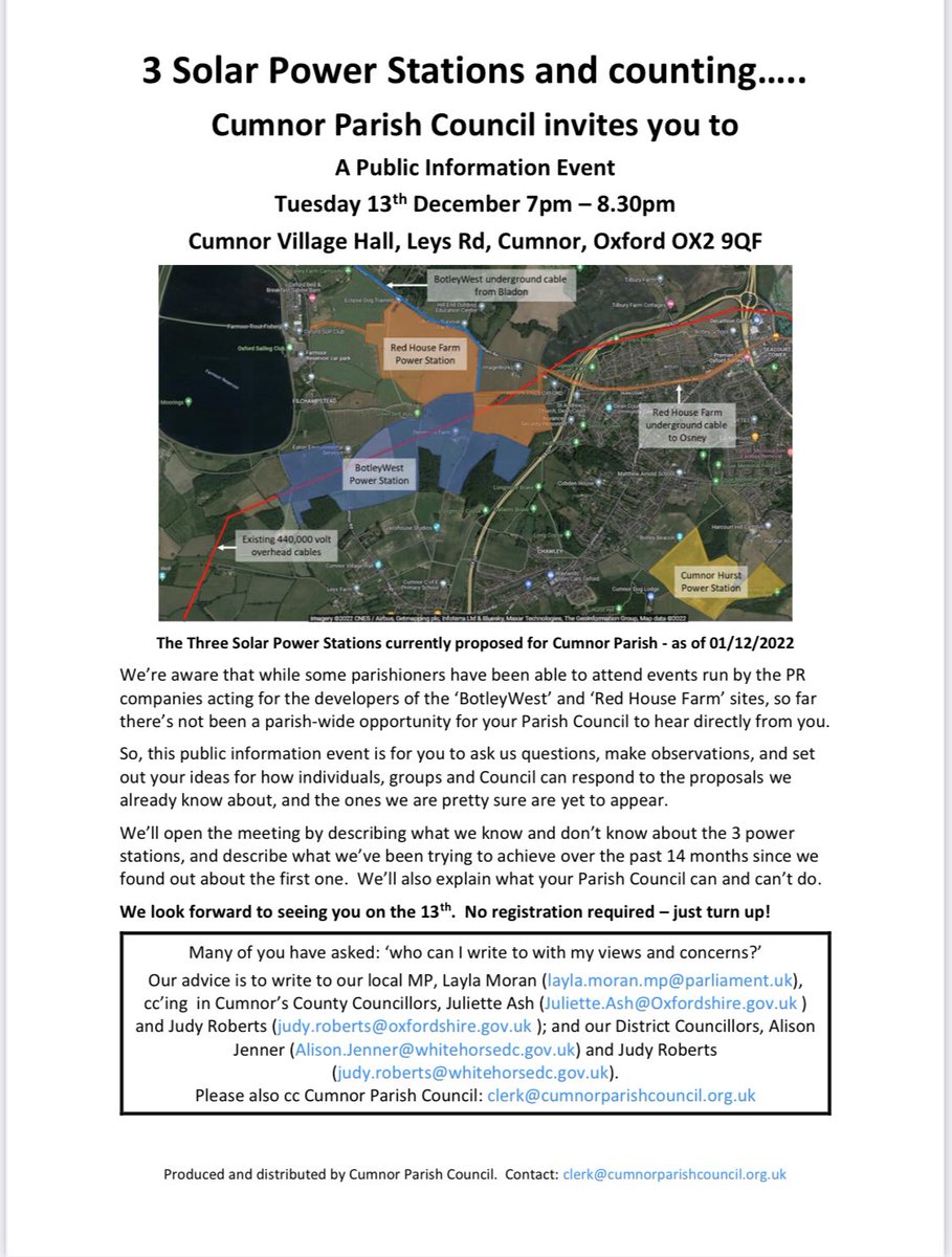 Want to learn more about the 3 solar power stations proposed for Cumnor? Want to ask questions and let <a href="/CumnorPC/">Cumnor Parish Council</a> know your views?  Then we look forward to seeing you <a href="/CumnorVHall/">Cumnor Village Hall</a> at 7pm tonight 👇