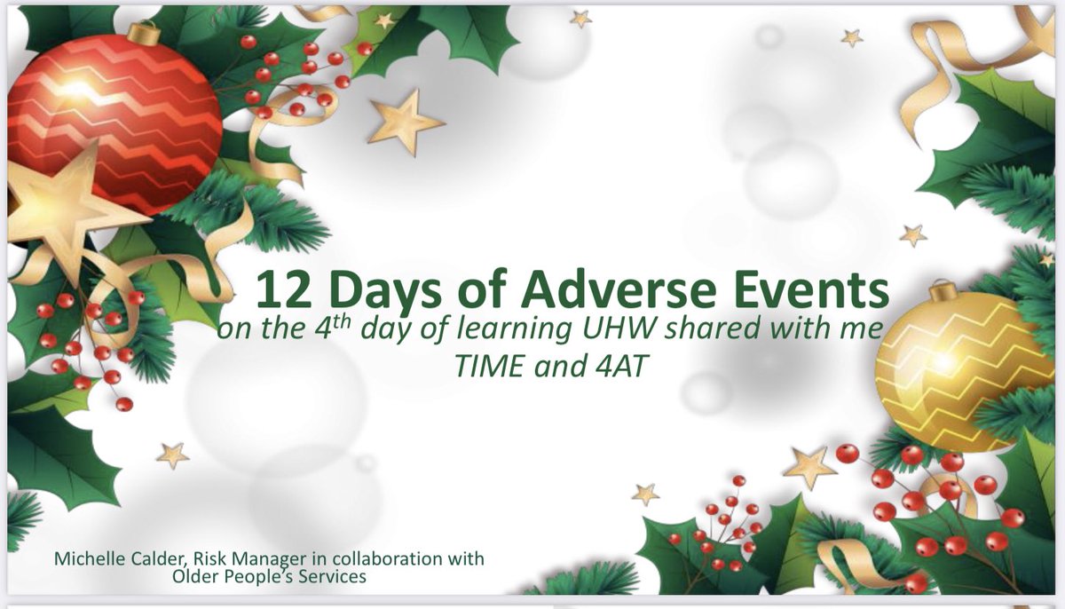 12 Days of learning from Adverse Events continues <a href="/WishawGen/">University Hospital Wishaw</a> .. on the 4th day of learning UHW shared with me, TIME and 4AT. 🎶🎄🎁

Electronic and Hardcopies will be circulated across the site.

<a href="/NHSLanarkshire/">NHS Lanarkshire</a> <a href="/CRLAN63/">Claire Ritchie</a> @Davidwa13761355 <a href="/janicemiles59/">Janice</a> <a href="/HazelGilmour2/">Hazel Gilmour</a>