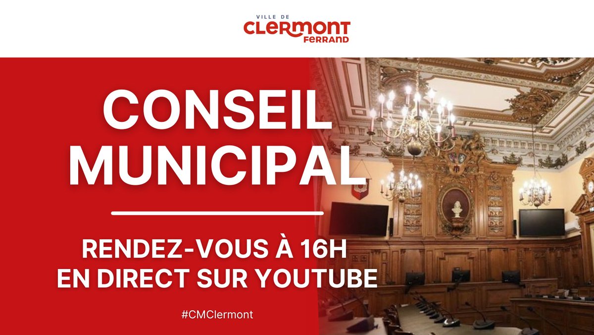 ClermontFd's tweet photo. ⚪️ 𝗖𝗢𝗡𝗦𝗘𝗜𝗟 𝗠𝗨𝗡𝗜𝗖𝗜𝗣𝗔𝗟 | #𝗖𝗠𝗖𝗟𝗘𝗥𝗠𝗢𝗡𝗧 📌
ℹ️ Aujourd'hui, le Conseil municipal de la Ville de #ClermontFd se réunira à 16h. 

➡️ Vous pouvez le suivre en direct sur Youtube et sur notre site internet !
https://t.co/Z9pxgRXmo7 https://t.co/zrKs220odU