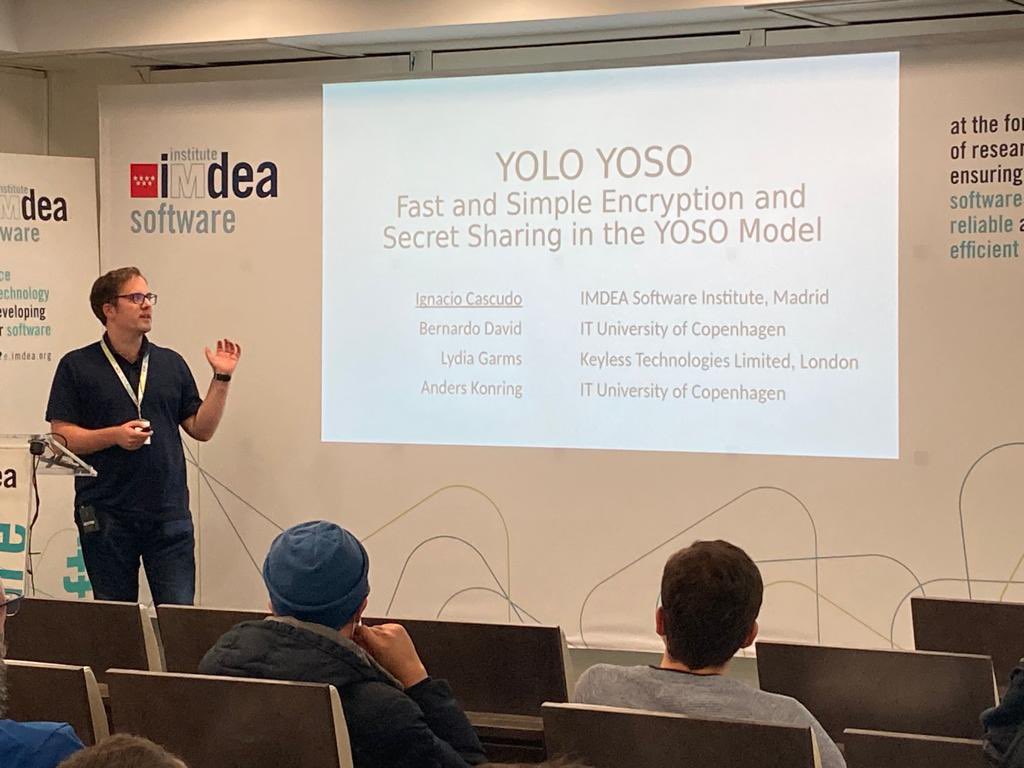 🟠 The researcher of #IMDEASoftware, @icascudo, explains the article “YOLO YOSO: Fast and Simple Encryption and Secret Sharing in the YOSO Model” that was presented at #Crypto2022 @IACR_News #ERCCoG #PICOCRYPTseminar
