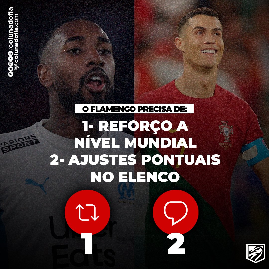 ColunadoFla's tweet image. Para 2023, você optaria por UM REFORÇO a nível mundial ou apenas ajustes pontuais no elenco? 🔴⚫✍️ #colunadofla