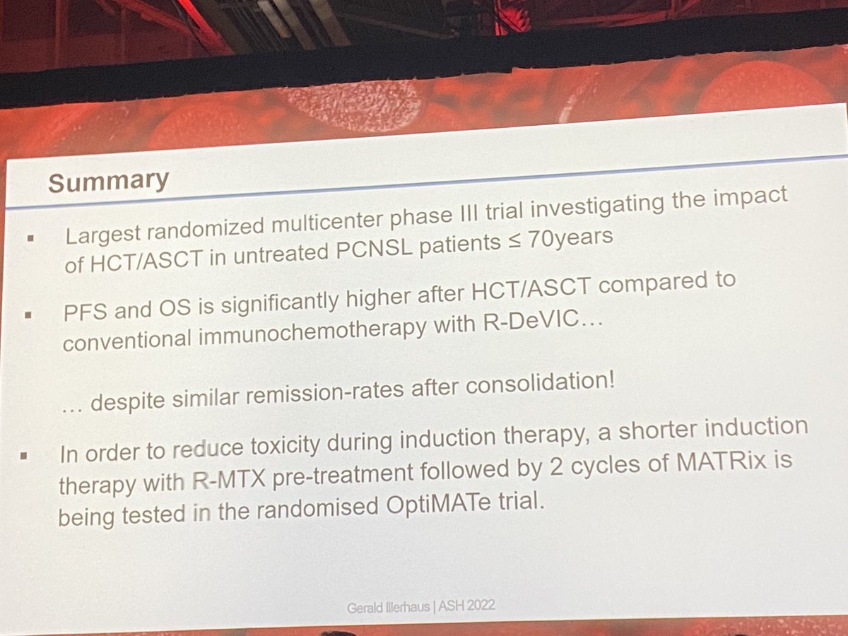 #ASH22 Late Breaking Abstract @GILLI_1969 presents IELSG43 randomised trial: impressive data in #PCNSL for consolidation TT-based ASCT after MATRix &lt;70y
3 year OS 86% 
Credit to all the investigators for addressing this important question ⁦<a href="/LizSchorb/">Elisabeth Schorb</a>⁩ #IELSG #AndresFerreri