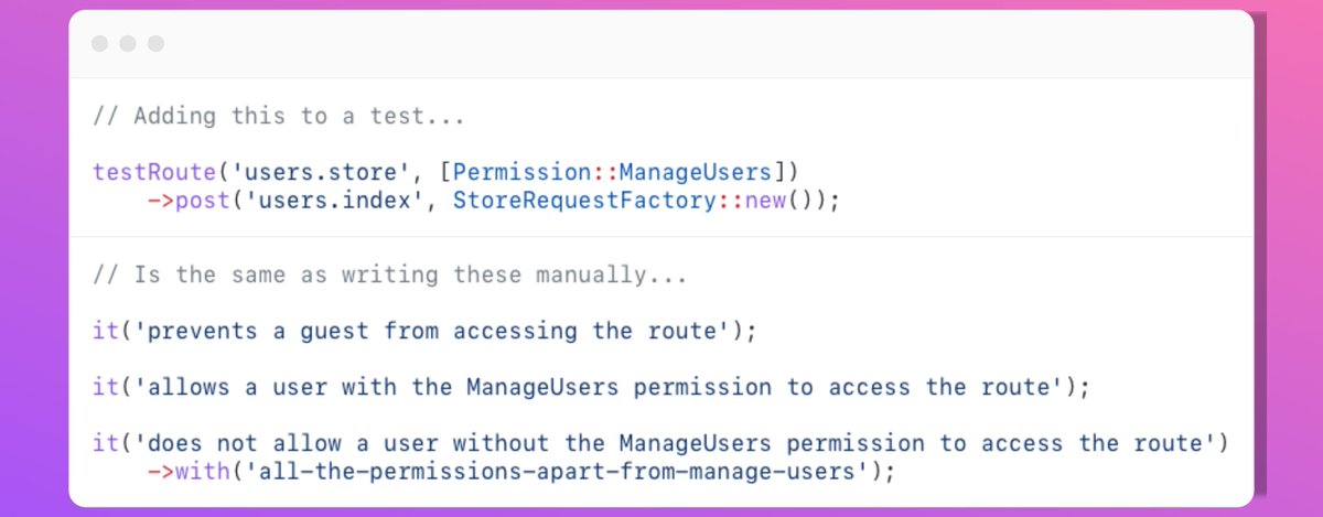 LukeDowning19's tweet photo. My good friend @nedwors recently PR'd this @pestphp DSL helper to a project we're working on together.

Adding one line of code gives you tests for authentication and authorisation that would otherwise take you an age to write for every route in your app ❤️ https://t.co/KuWUeJ7Bwm