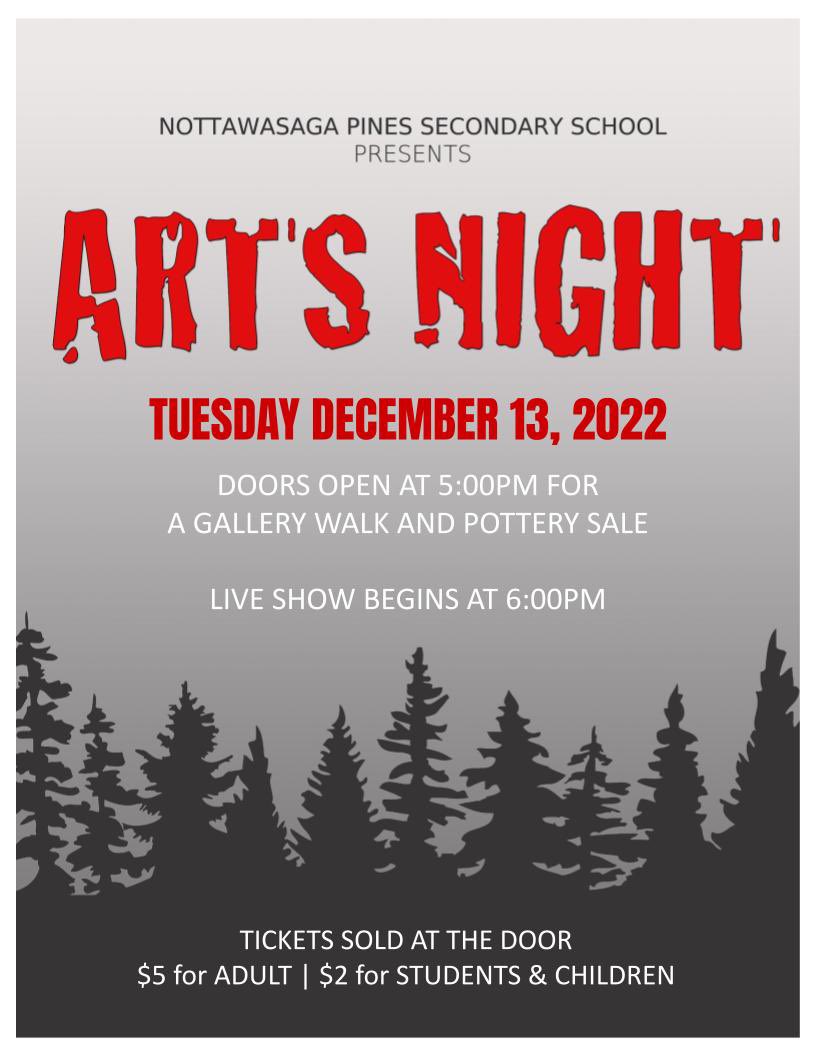 Arts Night is TONIGHT. Doors open at 5 for our gallery showcase and the live show is at 6. Tix at the door or on School Cash Online 🎭 🎨 🎵 <a href="/NPSSnews/">Nottawasaga Pines</a> <a href="/LibraryNpss/">NPSS Library</a> <a href="/KellyKlalonde/">Kelly Lalonde</a> <a href="/SCDSB_arts/">SCDSB arts</a> <a href="/SCDSB_Schools/">Simcoe County District School Board</a>