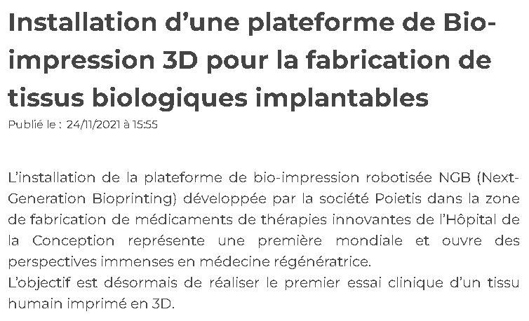 ScienceCQFD's tweet photo. 2021 > Installation d’une plateforme de #bioimpression 3D pour la fabrication de tissus biologiques implantables https://t.co/pVGGB31KSA via @aphm_actu #ScienceCQFD https://t.co/gtgXEdoRDO