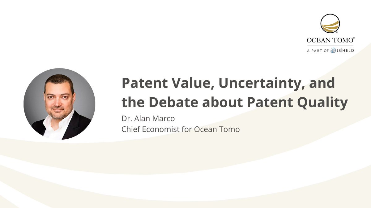 OceanTomo's tweet photo. Alan Marco, Chief Economist for Ocean Tomo, a part of J.S. Held, shares insights on the elusive concept of patent quality, how uncertainty affects the asset value of patents, and what can be done about it. Learn more at: https://t.co/6FJVrVhiq3 https://t.co/oU8my3LeI1