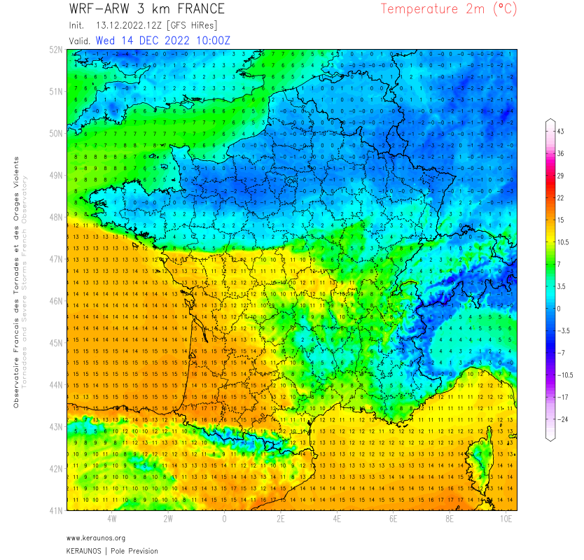 Un conflit de masse d'air se produit sur la France ces deux prochains jours. 
Le gradient thermique diurne s'annonce important, notamment dans l'ouest, avec plus de 10°C sur le centre-ouest et du gel dans le nord-ouest en mi-journée de mercredi. #neige #PluiesVerglacantes 