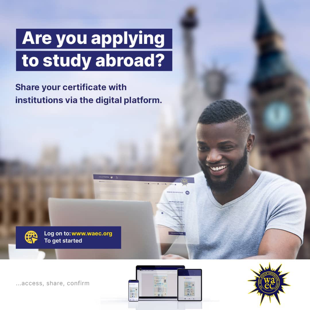 waecnigeria's tweet photo. With the WAEC Digital Certificate Platform you can now share your certificate with institutions from your place of comfort, without stress!
Log on to https://t.co/E50qZooyOa to get started
#waecdigitalcertificate #access #share #confim #certificate #digitalarticate #digital https://t.co/a7EDYSsspJ