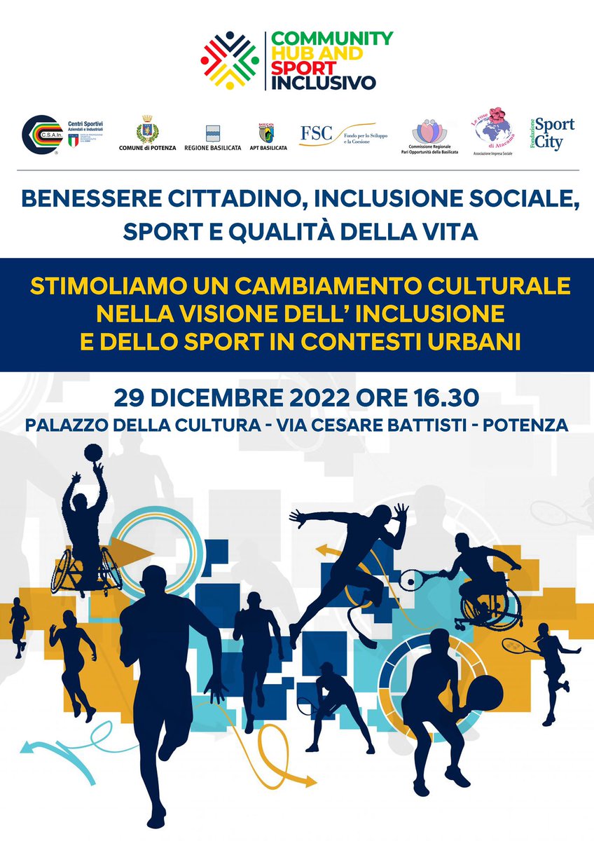 29 dicembre 2022 ore 16.30 si parlerà di di #sport e #inclusione in contesti urbani
L'importanza dello sport per rendere migliori le #città e i #cittadini, temi di grande interesse per il #futuro.
#csain #csainbasilicata #sportcity #comunedipotenza #Potenza #sport #inclusione