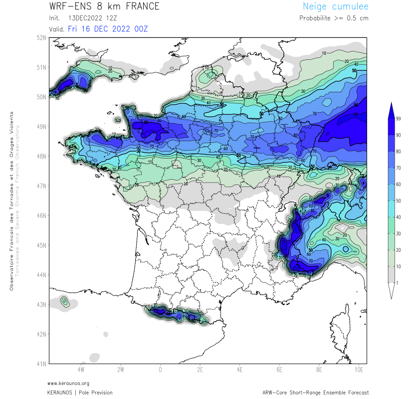 Les incertitudes demeurent significatives quant à l'épisode #neige/#verglas des deux prochains jours. L'axe est bien ciblé mais les quantités sont incertaines avec proba > 5 cm encore assez faibles (sauf en Alsace et Normandie) si proche de l'échéance. 