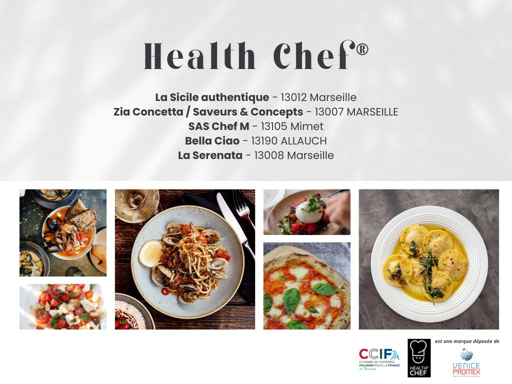 ccifMarseille's tweet photo. [#HealthChef] En septembre la CCIF de #Marseille rejoignait le projet Health Chef® porté par #VenicePromex.
Après des mois de collaboration, nous sommes ravis de vous présenter les 5 premiers lauréats du label dédié à la restauration italienne en France. https://t.co/zvdBGQCgBX