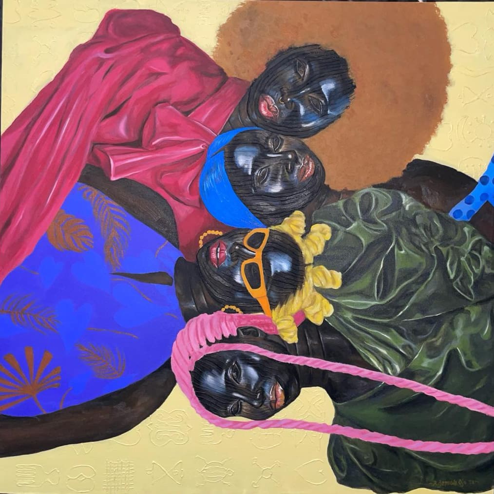 Title: Blood Sisters
Size: 48x48 inches 
Medium: Oil and Acrylic on Canvas 
Year:2022

#beauty #ArtistOnTwitter #BlackWomen #twitter #painter #ArtForTransformation #NFTs #NFTCollections