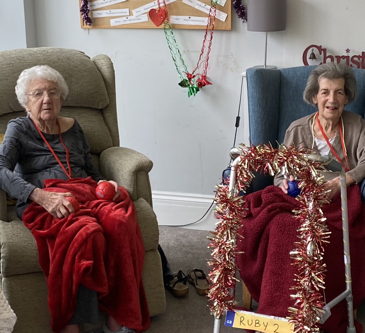 SportCare's tweet photo. Two ladies called Ruby playing Boccia at @kewcaregroup Cleeve Lodge care home, on a Tuesday🤔. Ruby 1 played red &amp; Ruby 2 played blue. Reds won so it wasn’t Ruby 2s day 🤦‍♂️🤦‍♂️🤦‍♂️ https://t.co/UKtSGZgbmv