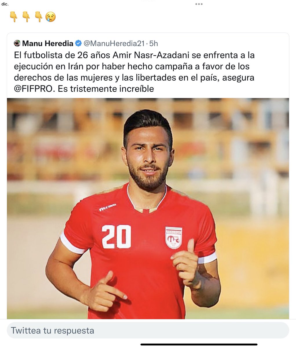 SERIA BUENO QUE LA <a href="/fifacom_es/">FIFA (Español)</a> INTERVENGA EN ESTE ASUNTO Y QUE COMUNIQUE A EL GOBIERNO DE IRÁN, QUE DE COMETER ESTE ASESINATO, QUEDARÁ FUERA DE LA COMPETENCIAS DE LOS MUNDIALES DE POR VIDA, POR LA VIDA DE ESTE SER HUMANO.

Les pido Rt, por este muchacho.