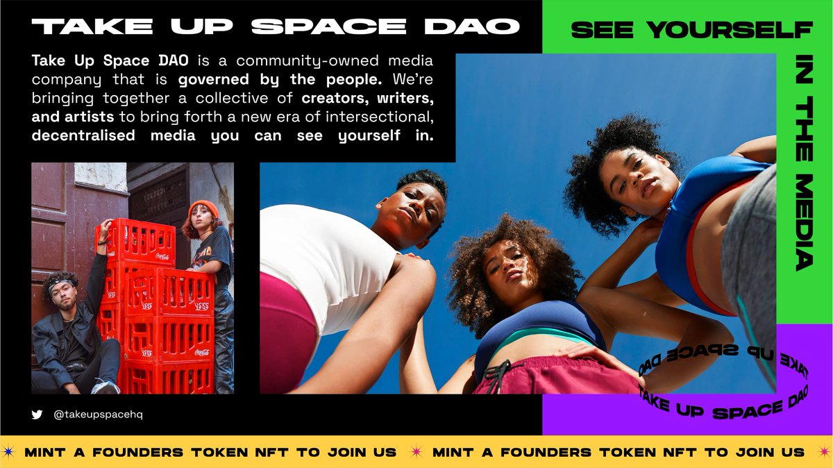 In 4 hours we launch our Founders Token NFT, welcoming in a collective of creators, writers &amp; artists to form Take Up Space DAO. 

Together we'll co-create media that builds cultural legacy on-chain ⛓