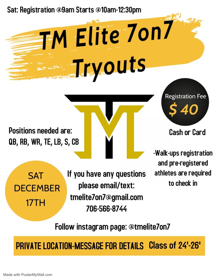 tmelite7on7's tweet photo. Mark your calendars‼️ Tryouts this Saturday. Reach out for more details on the location or if you have any other questions! #TME https://t.co/qv7RhuyIFg