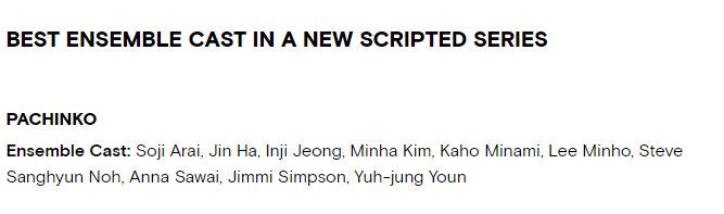 sevennyLMH's tweet photo. Congrats🎊The 2023 Film Independent Spirit Awards
The Best #EnsembleCast In A New Scripted Series is awarded to #Pachinko.
Also Pachinko nominated for Best New Scripted Series
#LeeMinHo @ActorLeeMinHo #이민호 #KimMinHa #파친코 https://t.co/qgEv1oPBiw