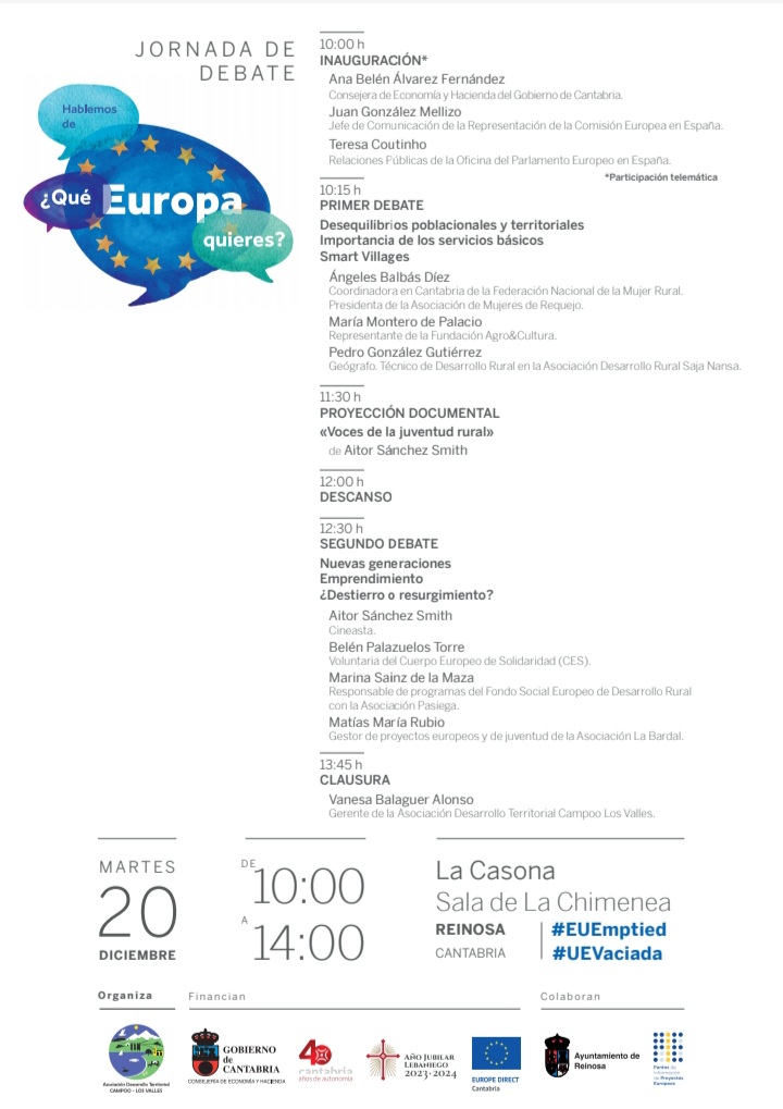 campoolosvalles's tweet photo. 🇪🇺 "𝙷𝚊𝚋𝚕𝚎𝚖𝚘𝚜 𝚍𝚎 𝙴𝚞𝚛𝚘𝚙𝚊 - ¿𝚀𝚞é 𝙴𝚞𝚛𝚘𝚙𝚊 𝚚𝚞𝚒𝚎𝚛𝚎𝚜?"

📅Martes 20 de diciembre
📍La Casona - Sala de La Chimenea, Reinosa
⏰10:00 horas - 14:00 horas
 Entrada libre hasta completar aforo

 #JornadaDeDebate #EUEmptied #UEVaciada https://t.co/QAxTqSliYw