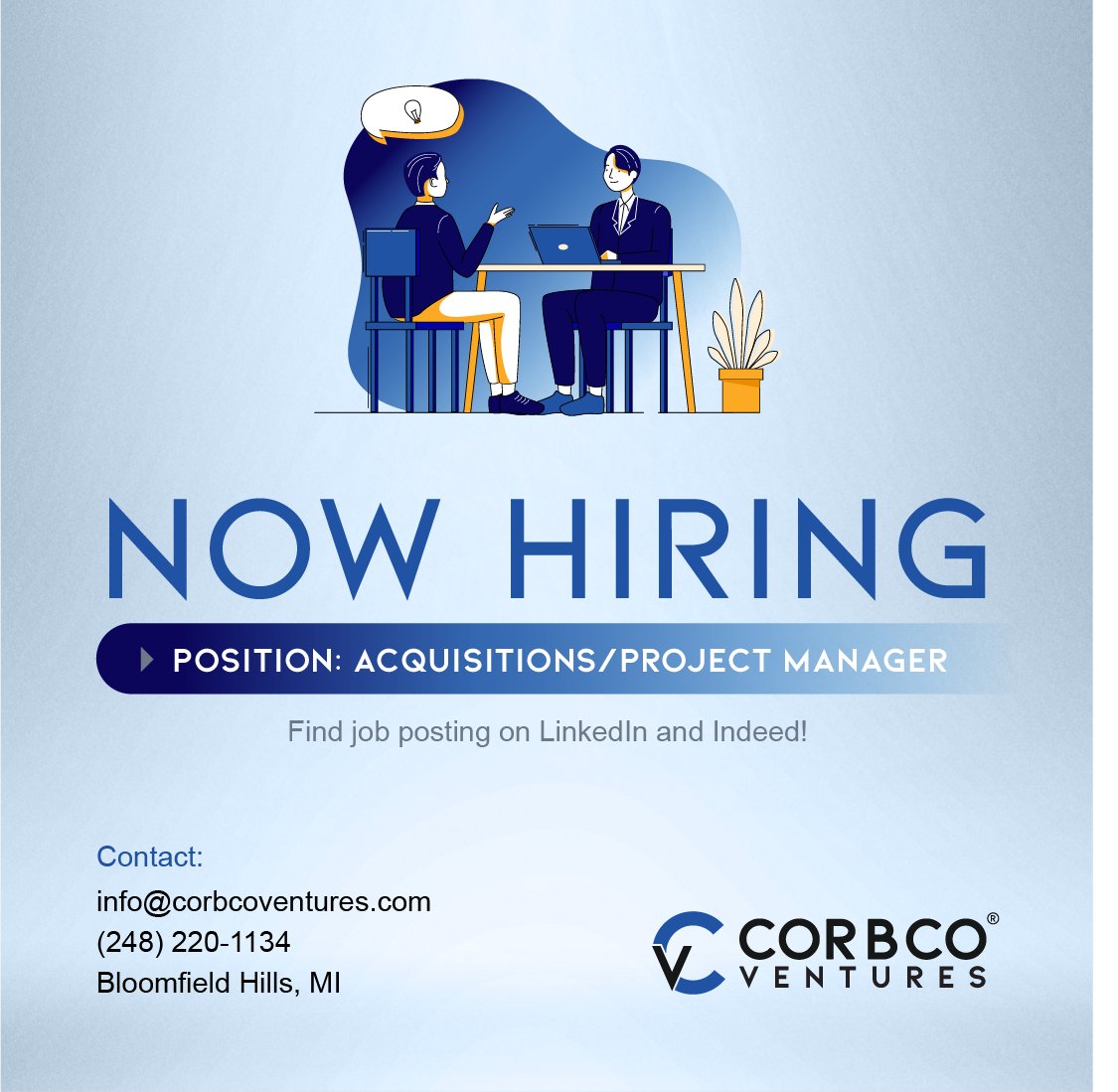 CorbcoVentures's tweet photo. Great news! We're on the hunt for experienced and ambitious individuals to join our growing team! Check out our job posting on LinkedIn and Indeed today to see the full details: https://t.co/8VJk748ctj
#CorbcoVentures #Hiring #CRE #LinkedIn #Indeed #Michigan #Nationwide https://t.co/BhXlVXiaFR