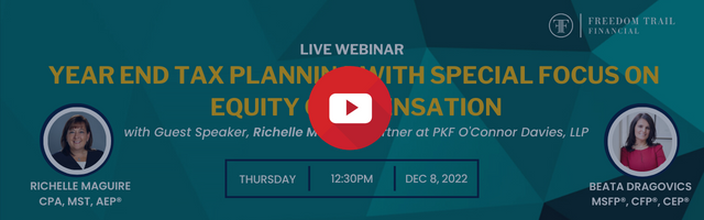 FreedomTrailFin's tweet photo. Tune in to our #yearend #taxplanning webinar recording w/guest speaker Richelle Maguire, CPA, MST, AEP. Topics covered:year-end #equitycompensationplanning #charitableplanning, #retirementplan considerations &amp; #contributionlimits &amp; #MAMillionaireTax. 

https://t.co/2sxdHM9ZMQ https://t.co/bN9S0dHOhu
