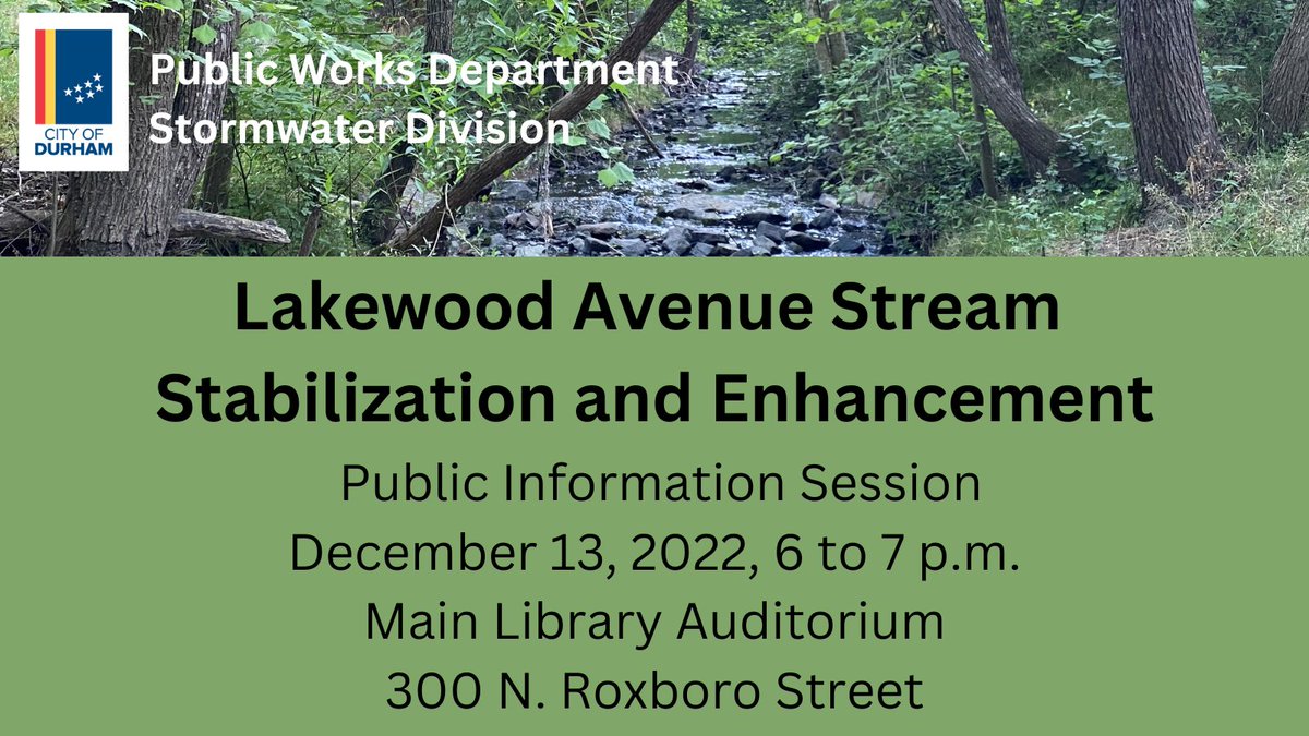 A creek makeover is coming!💦 Meet <a href="/DurhamStormH2O/">DurhamNC Stormwater</a> staff &amp; ask questions at today's event about what's in store for Third Fork Creek.
✅reduce erosion
✅add new plants
✅create living spaces for animals
✅improve health of downstream rivers &amp; lakes
➡️durhamnc.gov/CivicAlerts.as…