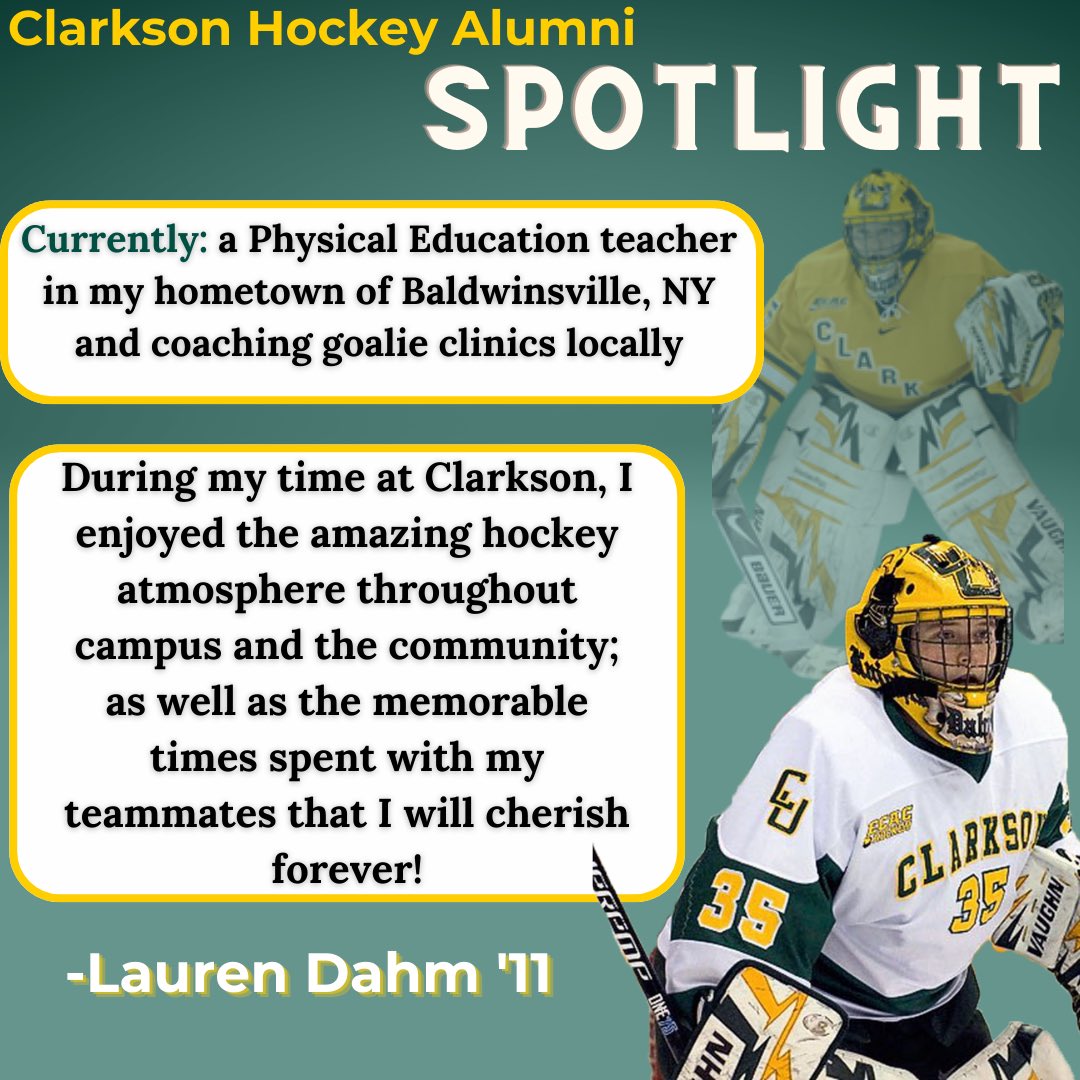 This weeks Clarkson Hockey Alumni Spotlight highlights Lauren Dahm from the class of 2011.🏒🔰

#Knighthood #CGKfam