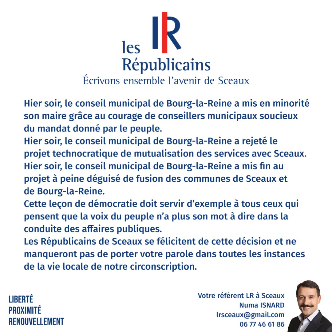 Bravo aux élus de Bourg-la-Reine, la démocratie a triomphé et le projet de fusion en catimini avec Sceaux est ainsi enterré !