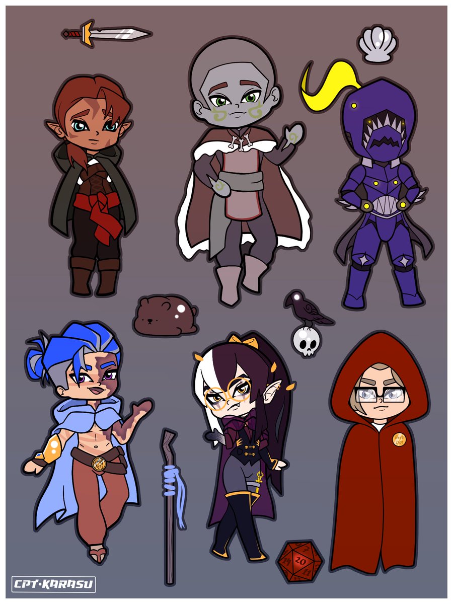 cptKarasu's tweet photo. Did a new sticker sheet for season 2 of our campaign! 
Major changes include our monk now soul inhabiting a suit of armour and my warlock reluctantly changing patrons to a fey with a Texan accent.
#DND #dungeonsanddragons #dndcharacter #ArtistOnTwitter #CLIPSTUDIO #HumanArtists https://t.co/VyDCVVsVT5