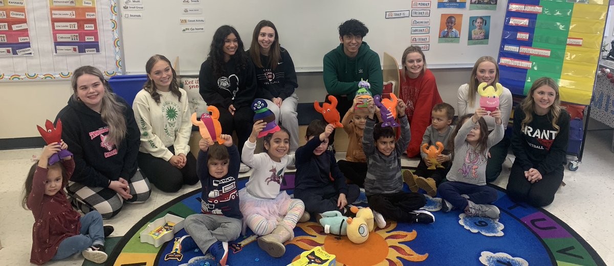 bobgold_supt's tweet photo. What a great project! A huge thank you to students from @GrantBulldogs who teamed up with our PreK classes. Our students drew/colored monsters, and GCHS students created them. Today was the big reveal, and our kids were very excited. https://t.co/MVMbWzJ5x4