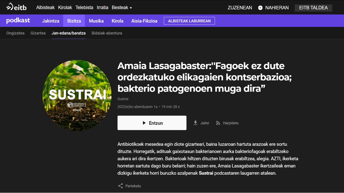 tuitamaia's tweet photo. Nire lehenengo podkasta EITB SUSTRAI saioren eskutik https://t.co/zePY3haeaf

Bakteriofagoak erabiltzea etorkizun handiko estrategia da antibiotikoekiko erresistentziaren arazori eta elikagaien transmisioko patogenoen prebalentziari irtenbideak emateko. 
#phage #foodsafety #AMR https://t.co/Dq1eL48uZW