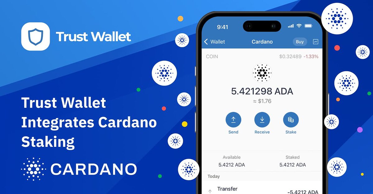 TrustWallet's tweet photo. $ADA @Cardano staking is now available in Trust Wallet!

Here’s how you can easily start staking #Cardano in your #TrustWallet👇
https://t.co/LpFyWTi3x4 https://t.co/hM9LfQTjNJ