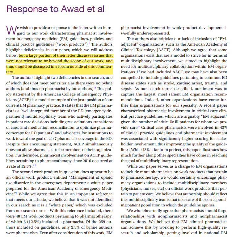 There is (still) more to the story.. response published concurrently in <a href="/AJHPOfficial/">AJHP</a>: academic.oup.com/ajhp/advance-a… 

Bottom line: this story still stinks.. EM pharmacists remain under-represented on guidelines/policies and other work products. Let's work together to change this🙌