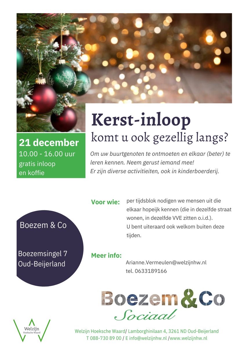 Op 21 december is er een Kerst inloop voor de buurtbewoners. Wees welkom in Boezem &amp; Co! <a href="/WelzijnHW/">Welzijn HW</a> <a href="/gemeenteHW/">gemeenteHW</a> <a href="/KompasWeekkrant/">Het Kompas</a>