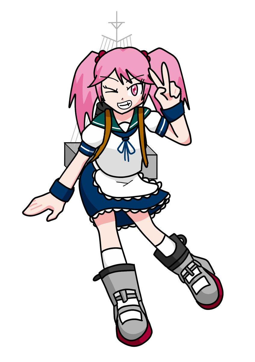 sazanami (kancolle) 1girl pink hair twintails solo school uniform serafuku one eye closed  illustration images
