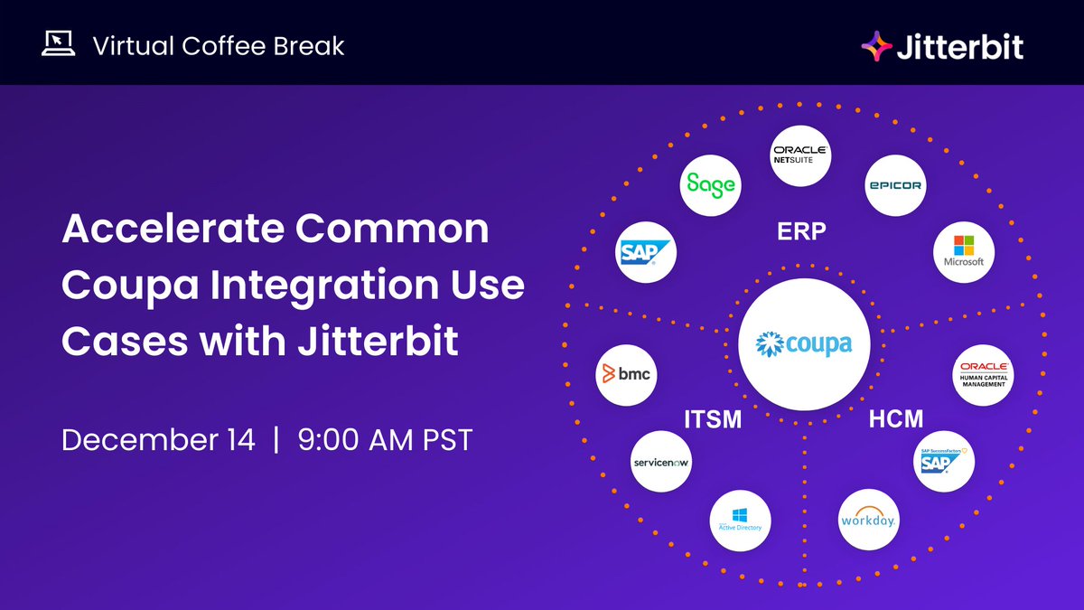 jitterbit's tweet photo. In addition to automating #Procure2Pay processes, @Coupa Software can streamline your expense management & asset provisioning workflows. Come join us (https://t.co/2J9dC4IYCX) to learn about:
✓ Our robust Coupa connector
✓ 8 pre-built integration accelerators
✓ Why Jitterbit https://t.co/ZYx42T0nRF